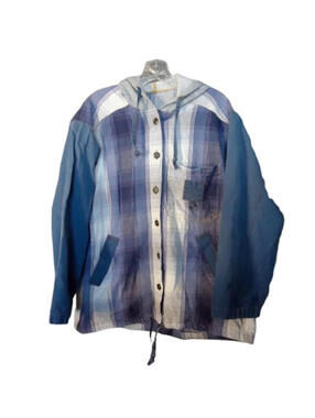 Braetan Hooded Button Front Shaket One Size Fits Most Blue White Plaid Vintage
